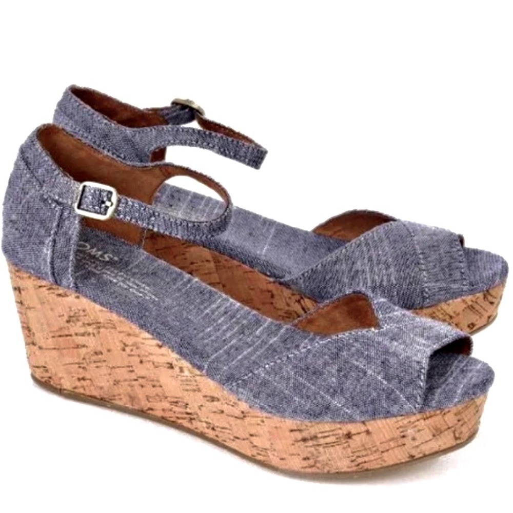 🌻TOMS Denim Peep Toe Ankle Strap Cork Wedge Sandal